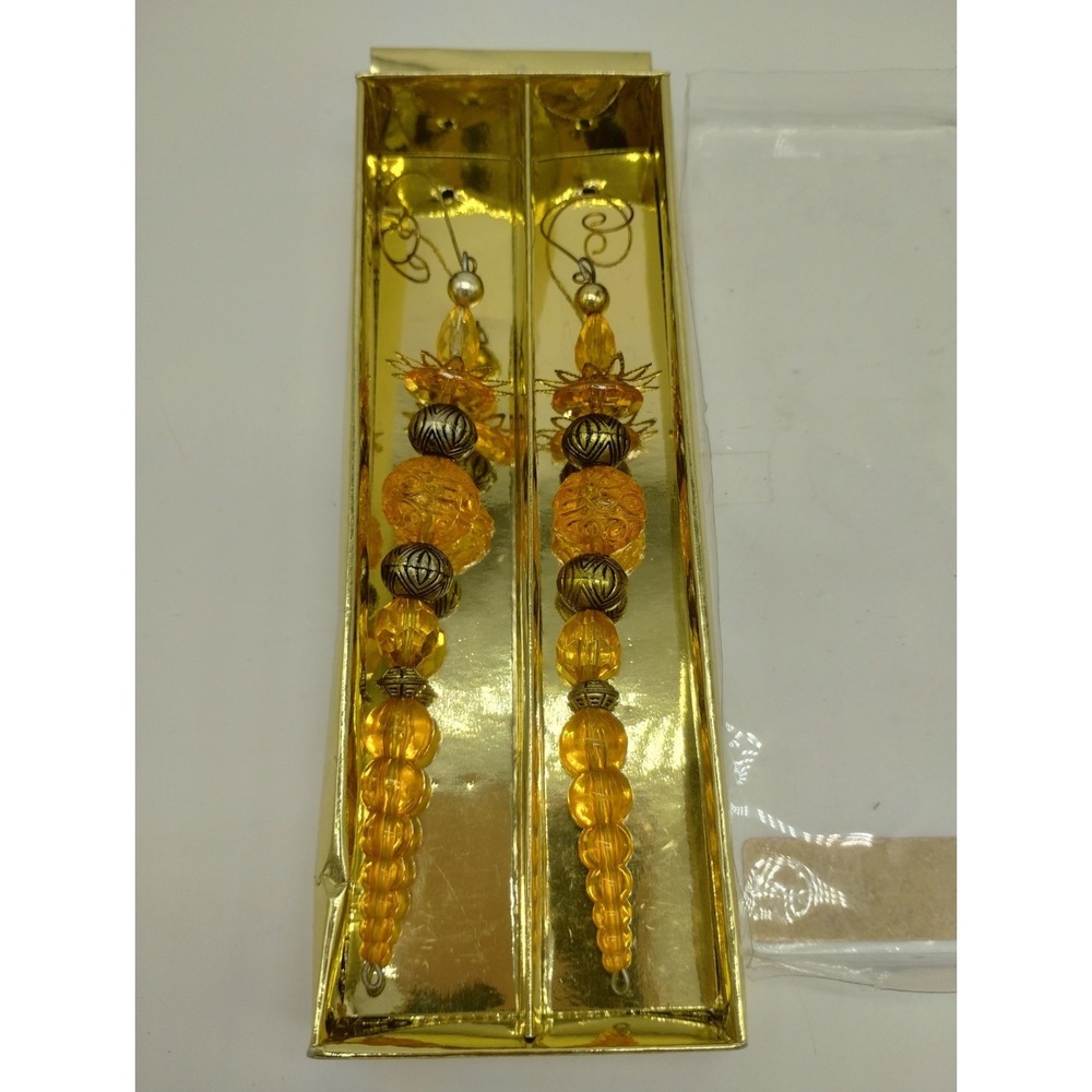 2 Pack Of Golden Elegance Christmas Beaded Ornaments Icicle Dangle